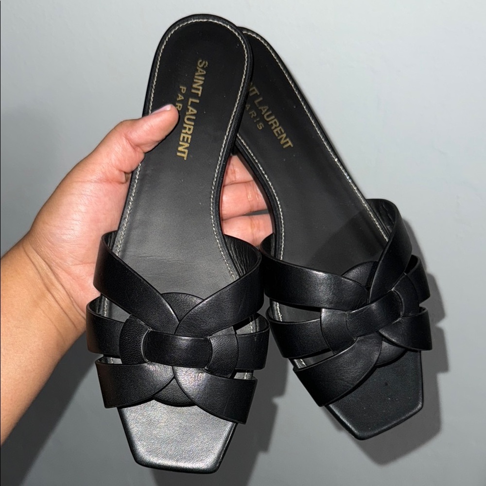 Saint Laurent Black Woven Slide Sandals